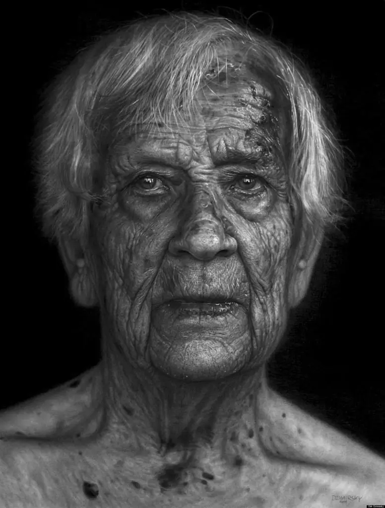 My Top No.2 Hyper pencil realistic drawing of an old women with skin wrinkles by Italian Artist Franco Clun
