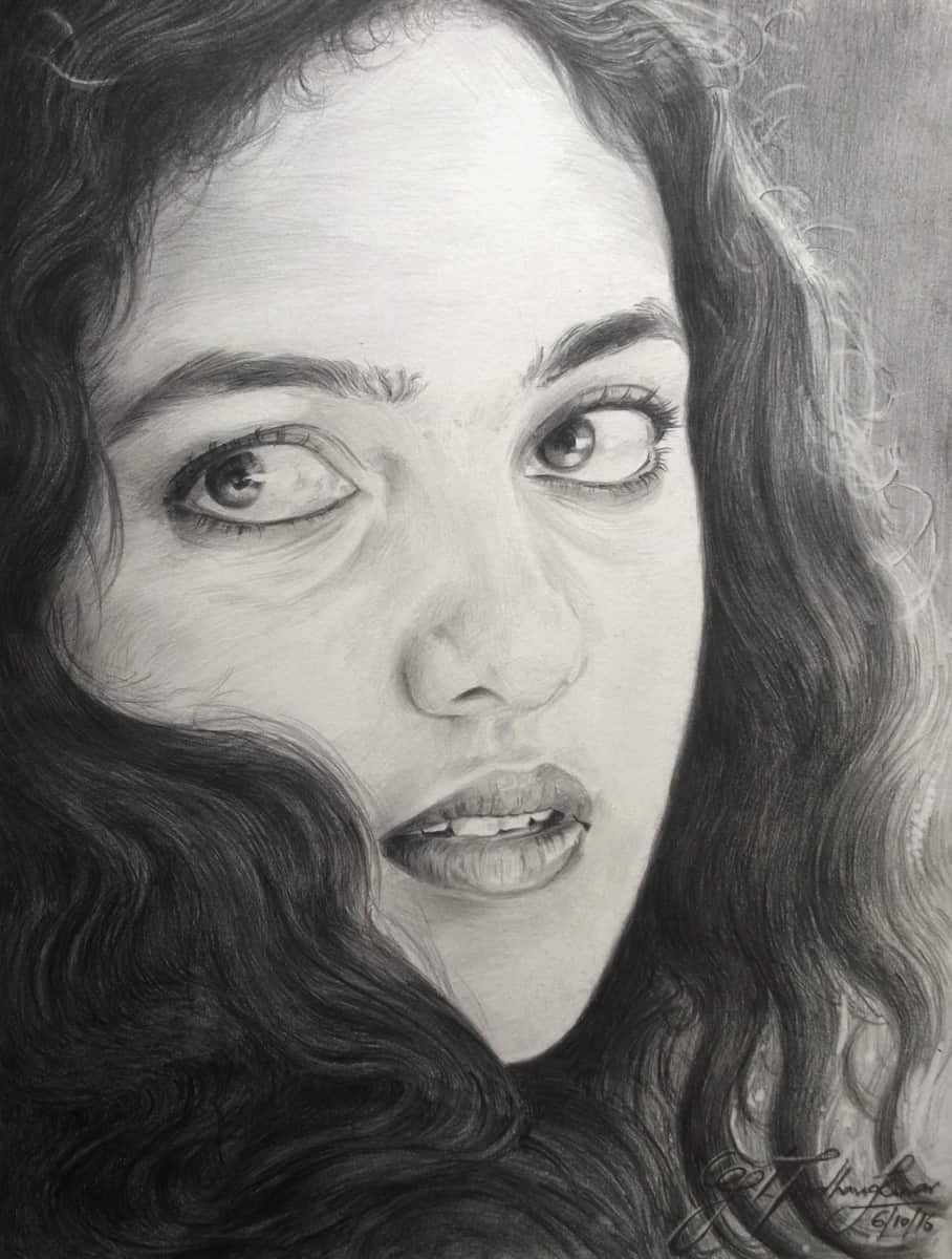 Pencil portrait of Nithya Menen closeup of face.