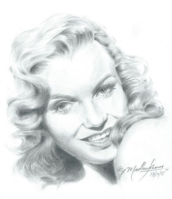 Pencil portrait drawing of Marilyn Manroe, Smiling with curly hair on her face. 