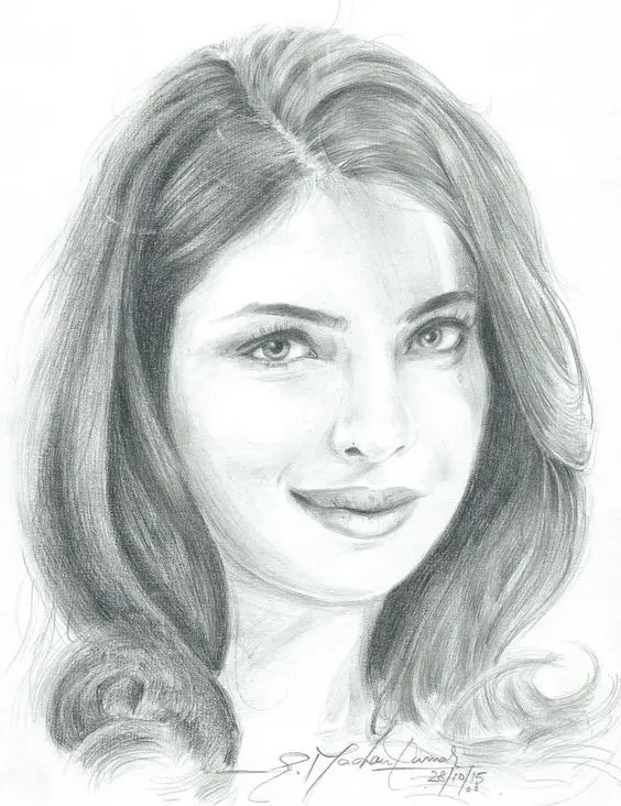 Pencil portrait of an India actress Priyanka Chopra. 