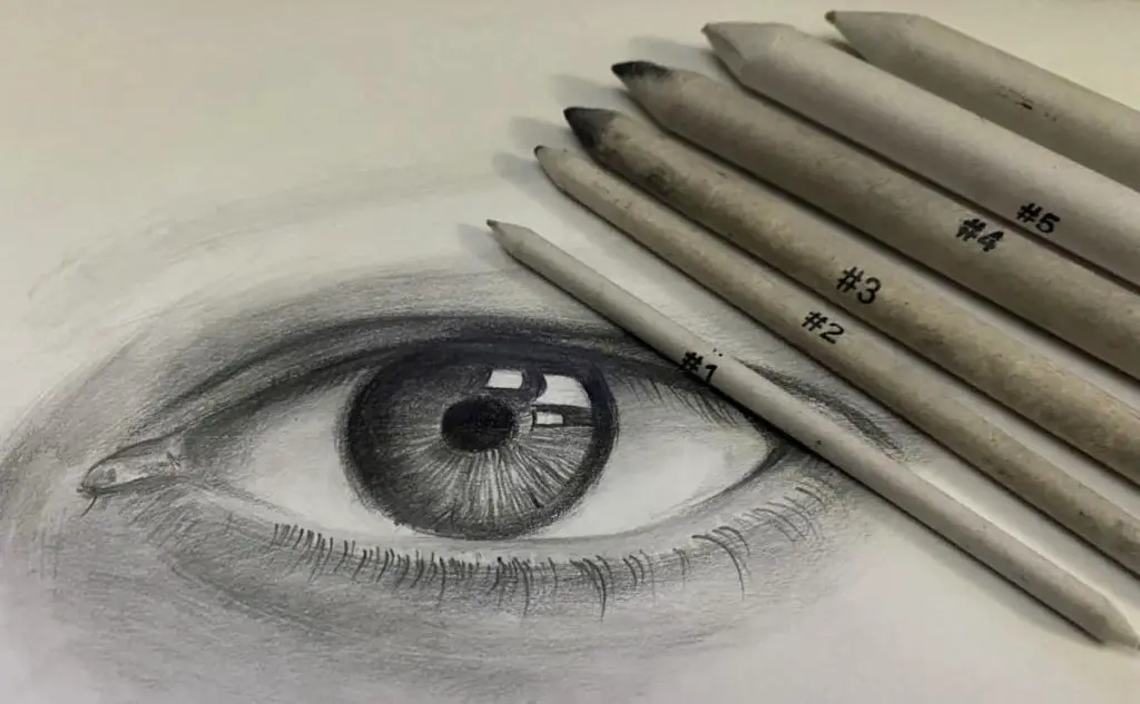 pencils stumps of size from 1 to 6 lying on a pencil drawing of an eye