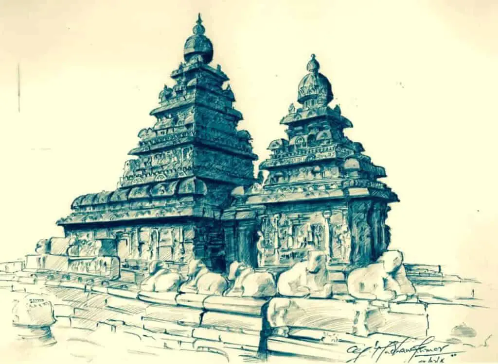 Pen and Ink drawing of a shore temple at an Indian town called as Mahabalipuram.  The drawing has a bit of tint to it.