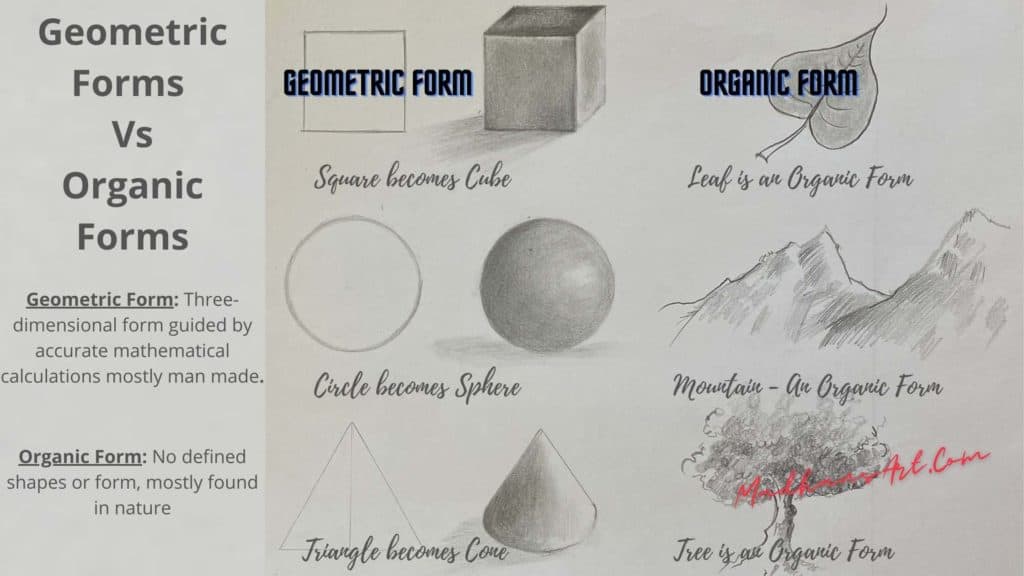 Image of Square, Cube, Circle, Sphere, Triangle, Cone and in organic form Leaf, Mountain and tree are drawn depicting Geometric Form Vs Organic Form