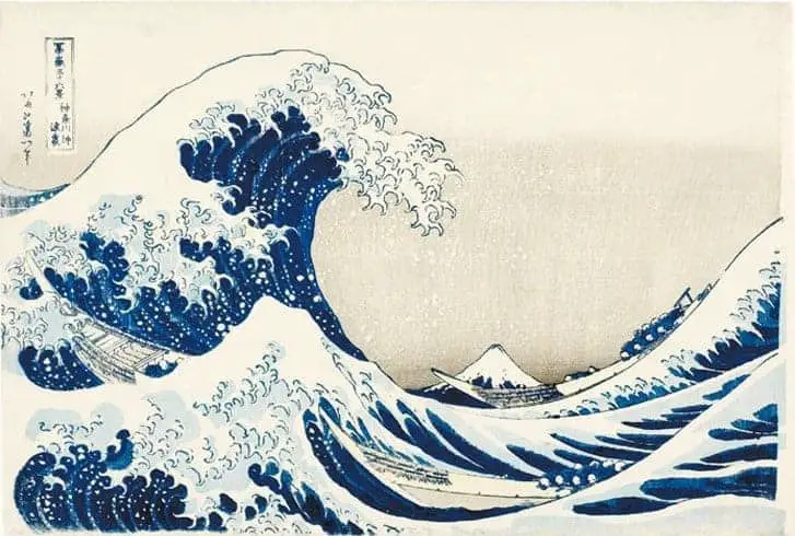 Japanese painting, with waves using line drawing, three boats and mount Fuji at the background. The artist has used Flowing Rhythm in this print series.