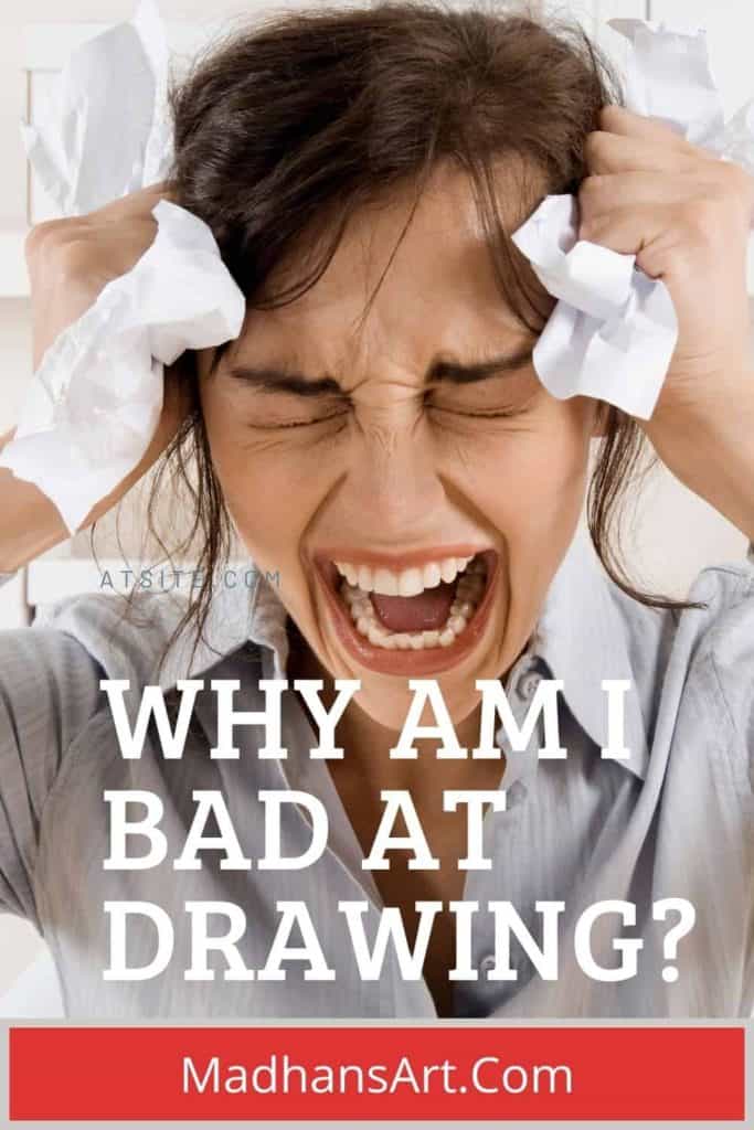 A lady showing frustration and tearing paper hand on both side near her head, as if screaming why am i bad at drawing.