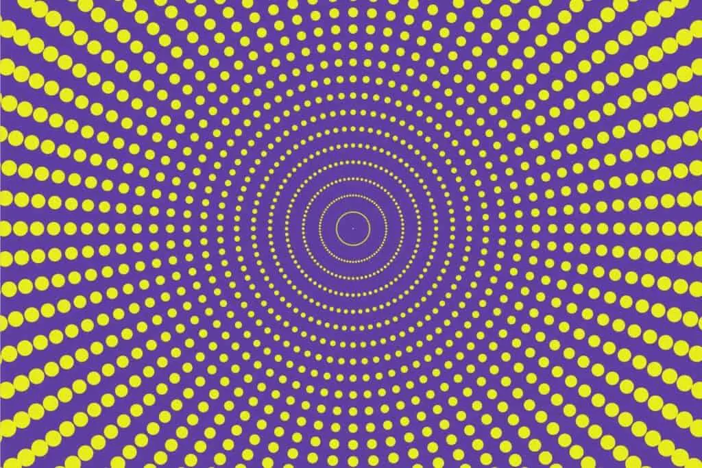 Yellow dots in concentric circle over violet background depicting movement in art
