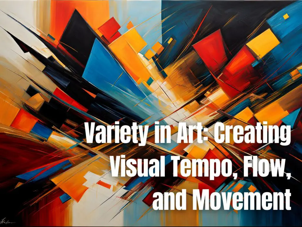 Abstract painting with dynamic overlapping geometric shapes in vibrant colors of red, blue, orange, and black, suggesting motion and diversity in artistic expression.