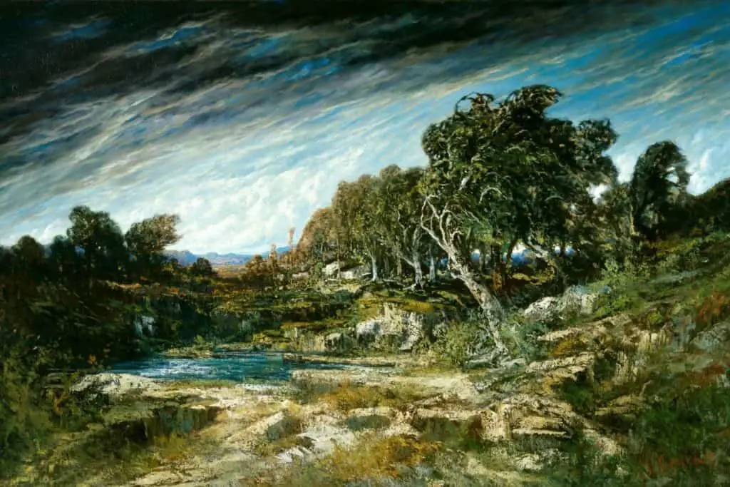 Old painting titled The Gust of Wind with wind pushing the green trees and sky line depicting variety in art