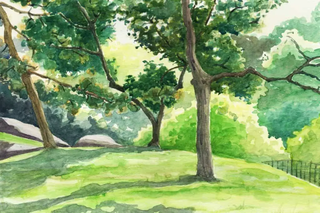Watercolor of landscape with green trees depicting which art materials to use