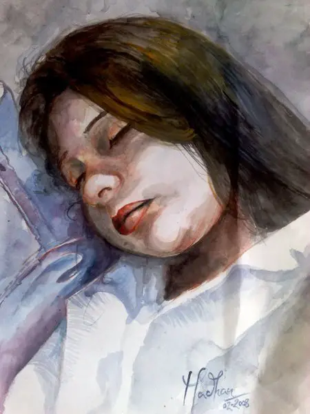 A girl leaning on a shoulder of her boyfriend done using watercolor as medium