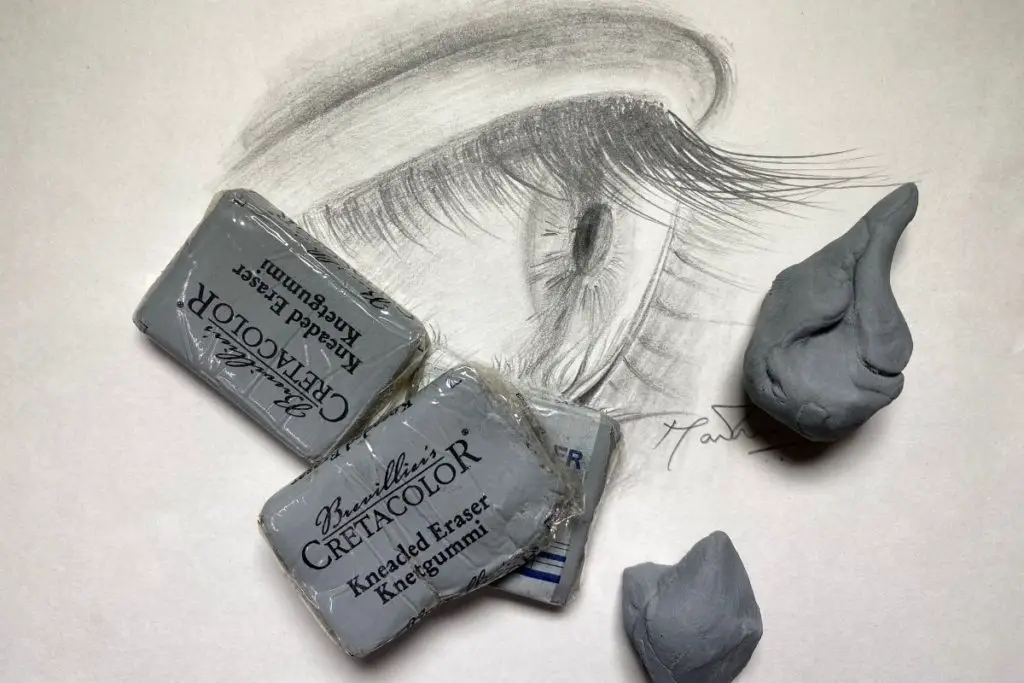 pencil drawing of an eye and some kneaded eraser on it