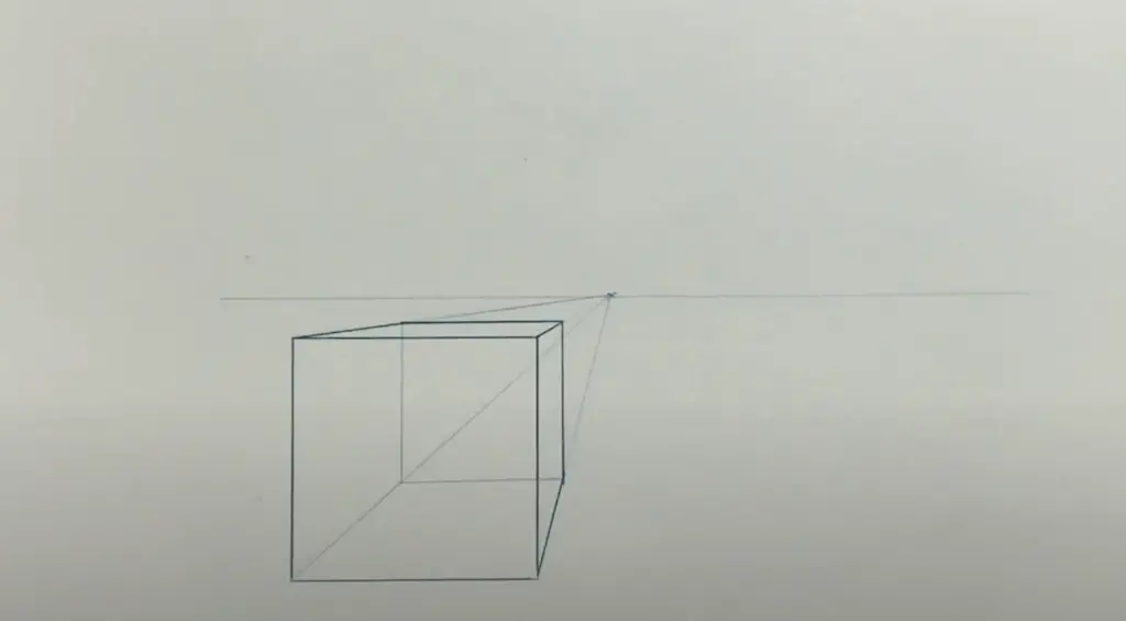 A Cube drawn with all corners with lines converging to the vanishing point