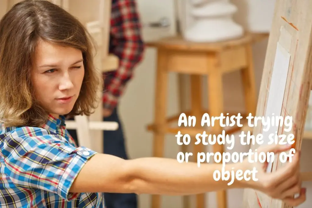 A young lady artist streching her hand holding a pencil and trying to study the size of the object