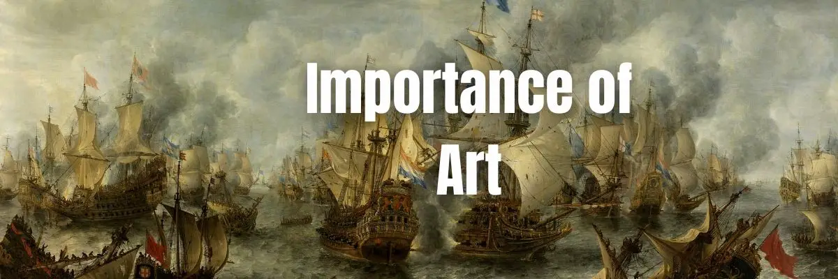 Oil painting of a war in the sea with ships fighting depicting how important is art and what it teaches