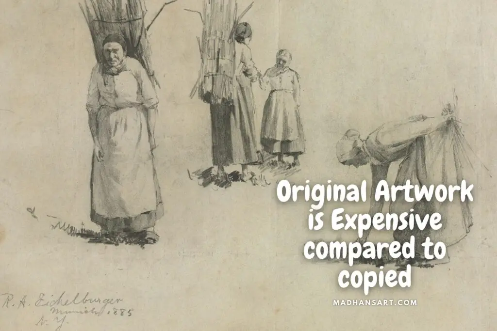 Pencil drawing by an artist done in 1885 depicting value of original artwork 4 different women