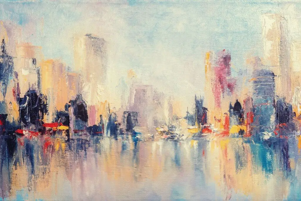 oil painting of buildings and relfection in water