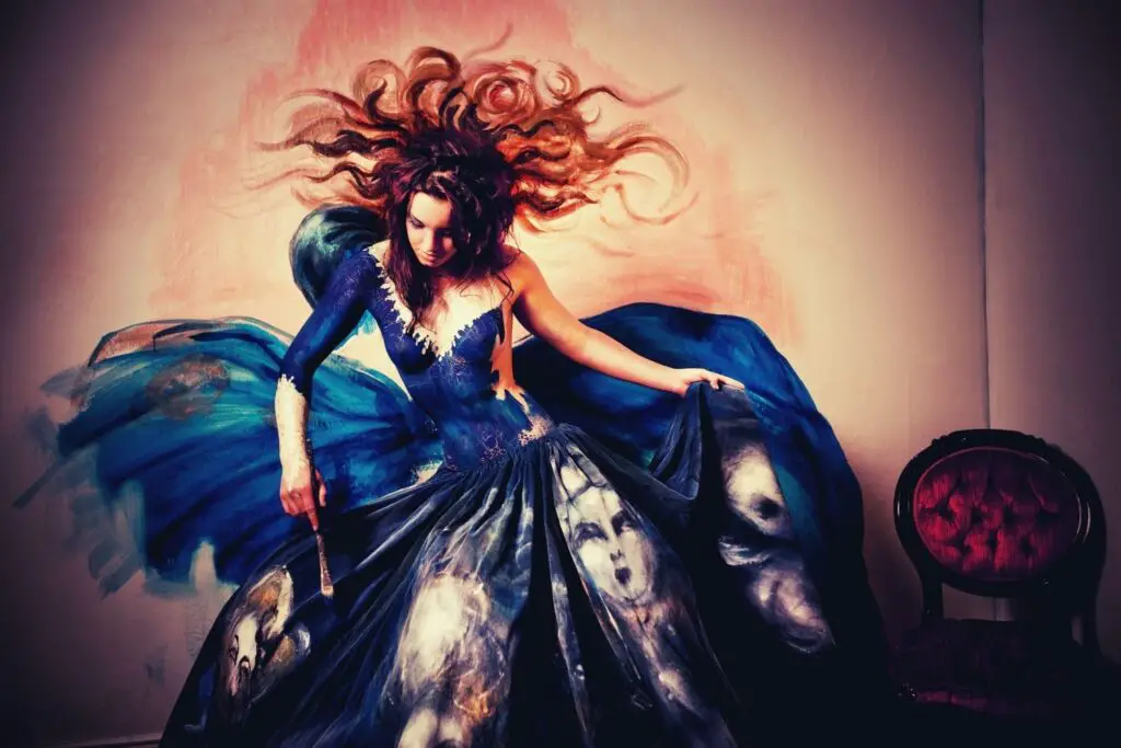 A Visual Art of a Fashion Design Photoshoot a model with violet dress with hair flying