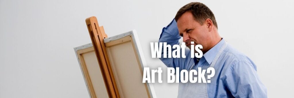An artist scratching his head looking at an easel having an art block