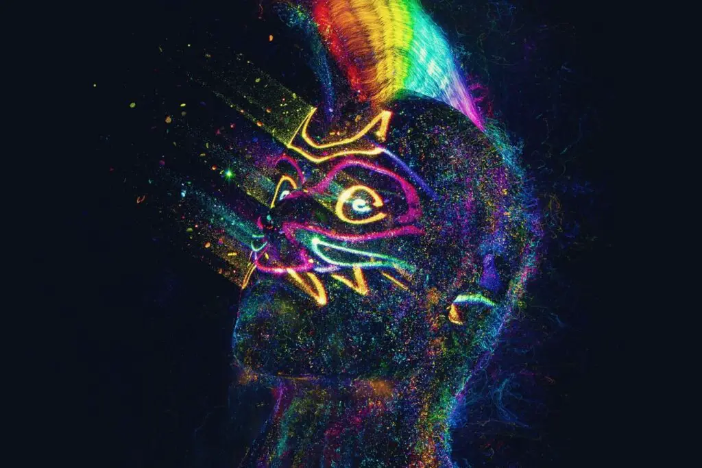 an NFT artwork of a face with luminant multicolors with prominance of yellow
