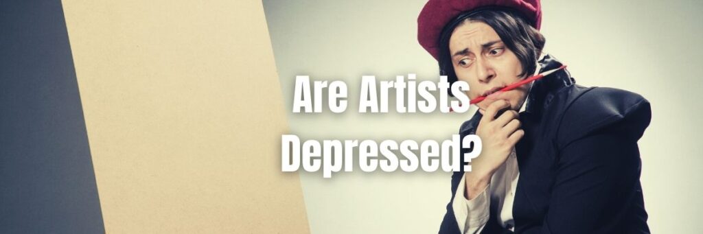 An artist with brush in his mouth sitting in front of an easel depressed