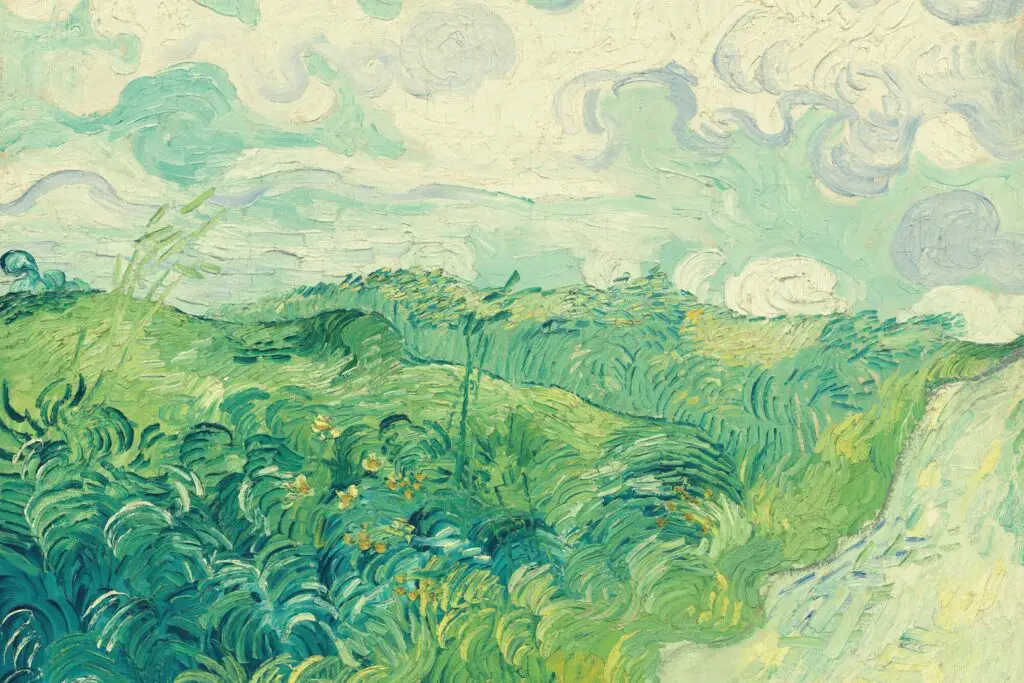 Painting of a field by Vincent Van Gogh background in green color