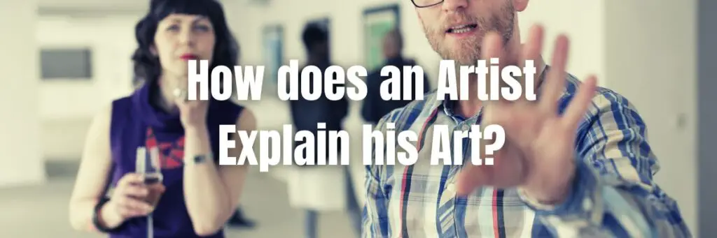 An artist explaining to his viewer about the art and the viewer is a lady holding a wine glass