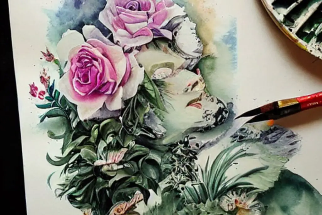 Rose and leaves drawn in water color with brush and water color paint