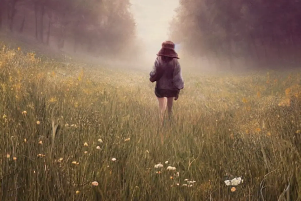 A girl walking alone in the meadow depicting creativity is a journey not a destination
