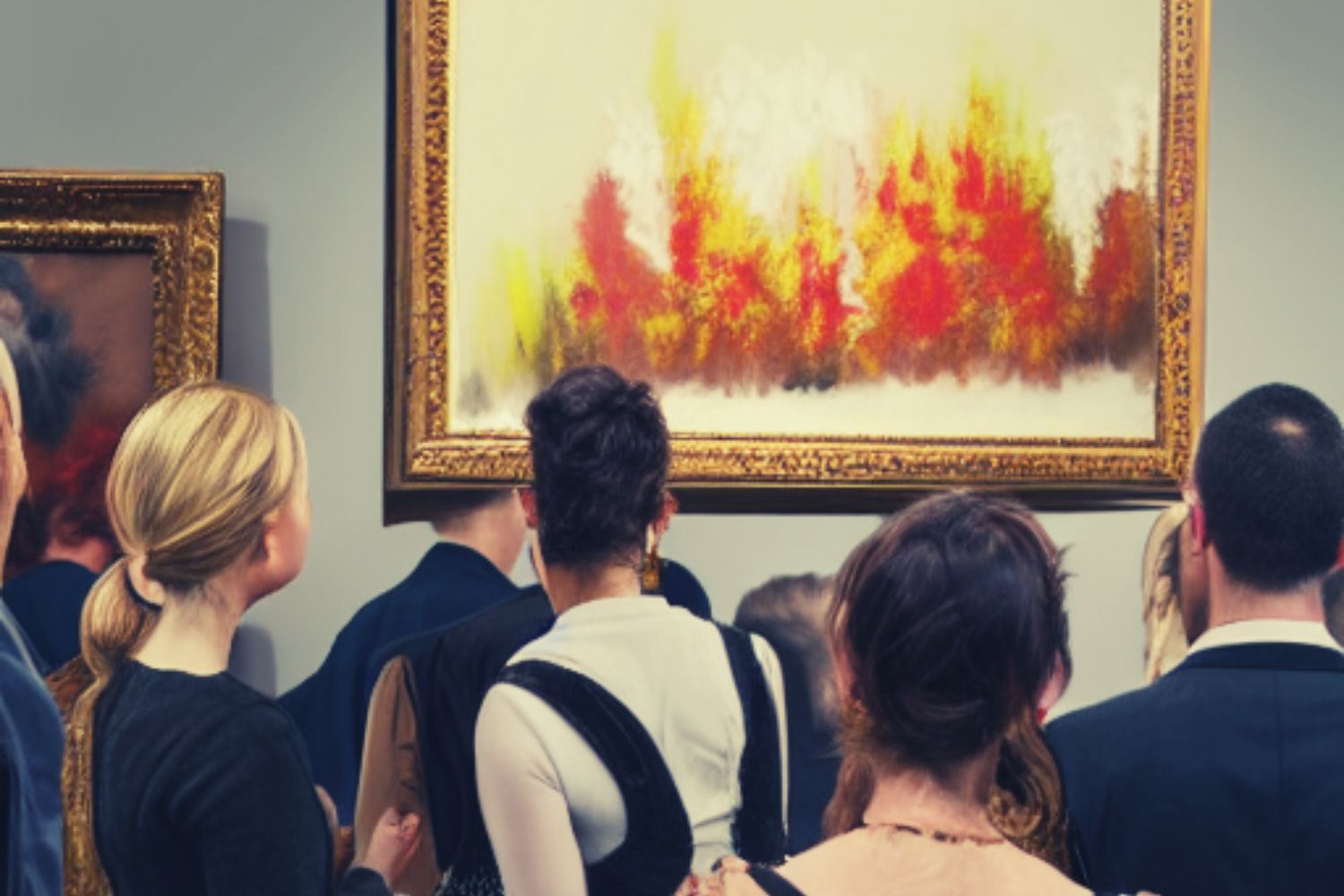 Group of Elite from Society are watching a painting at Art Gallery on the Wall