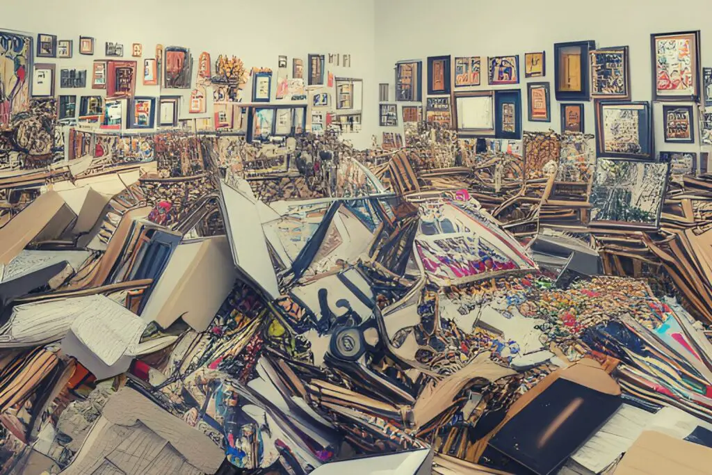 Piles of art print lying in an art gallery disadvantage of ai art