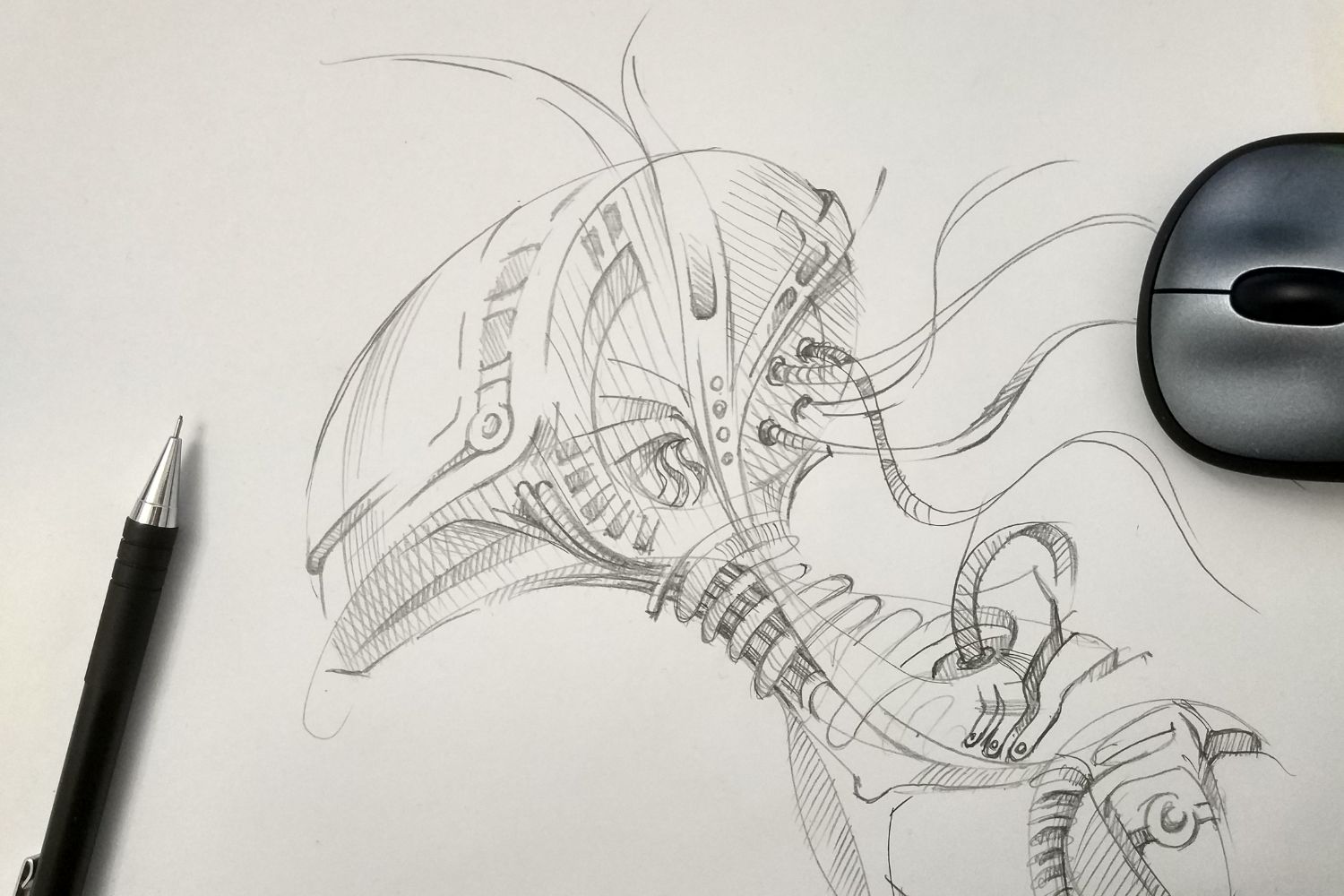 Quick pencil sketch of a robot done using mechanical pencil