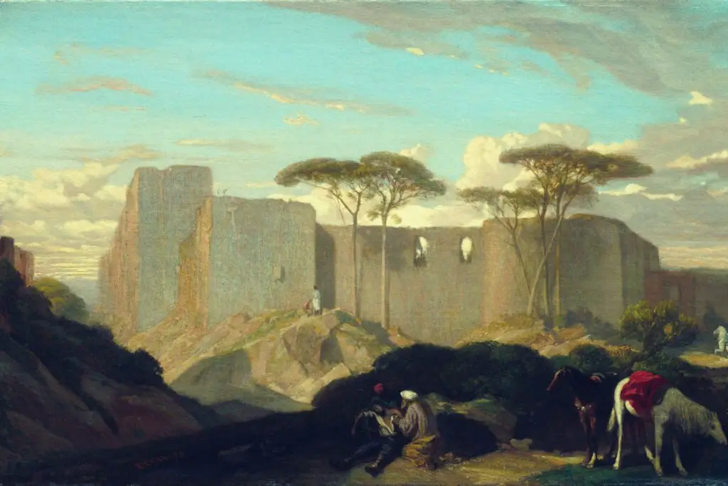 an old painting depcting rock fort and trees in the background and house with some rocks in the foreground