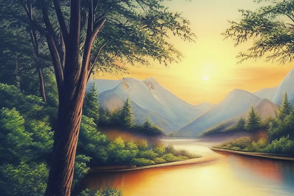 Digital painting of nature with Sunset, Mountains, river and trees