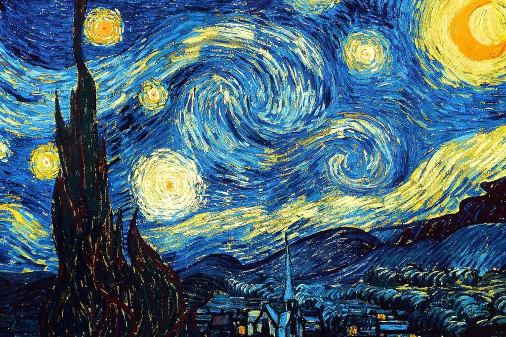 Painting by Van Gogh, the starry night, blue sky and city picture