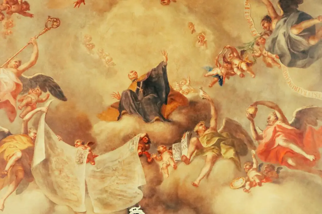 Mural painting on the ceiling of a church, god, cupid and many figures yellowish color