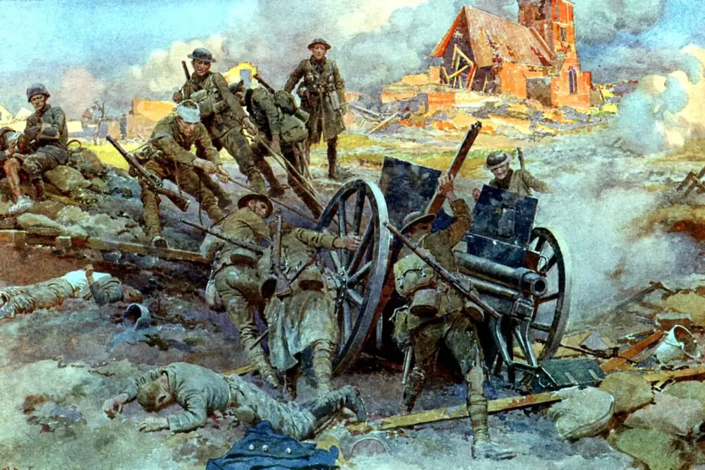 Painting of world war i, where army officers are loading canon water color painting.