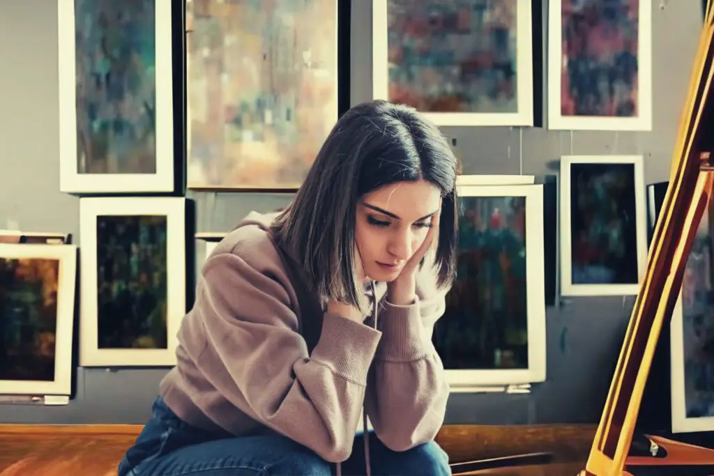 A female artist sitting worrying about art block with some painting on the back.