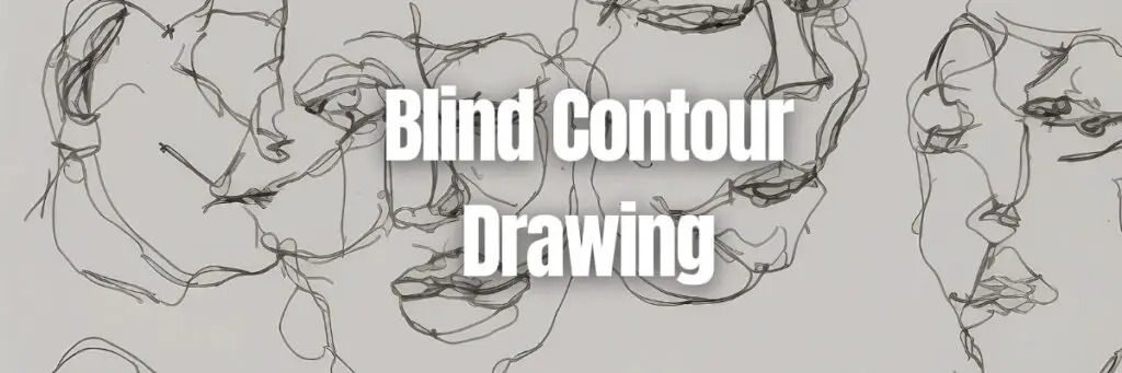 blind contour drawing of four faces drawing with ink