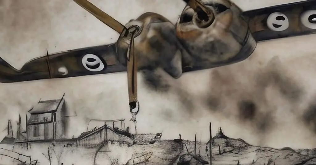 Sketch of a war plane flying over a dilapidated building with smokes.