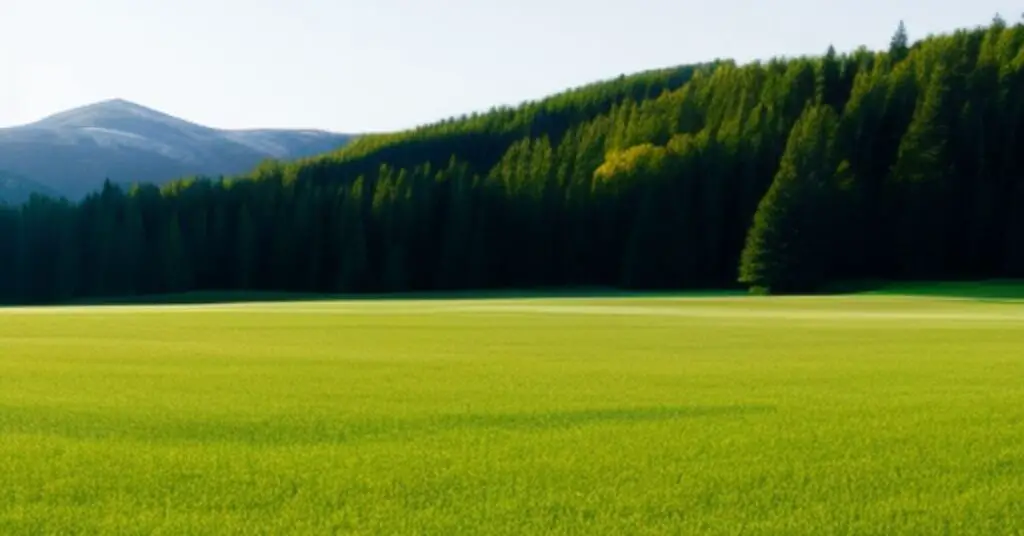 Photo of a meadow lush green, and blue mountains and coniferous forest, beautiful landscape.