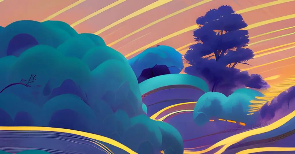 digital painting of sky, trees, clouds and bushes, depicting flowing rhythm
