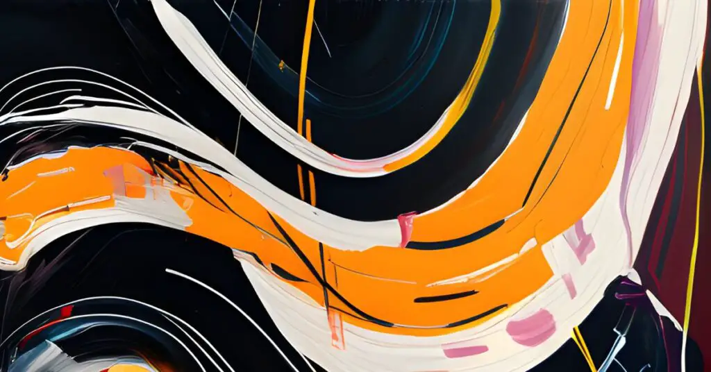 Abstract painting in black and orange color depicting curvilinear flowing rhythm