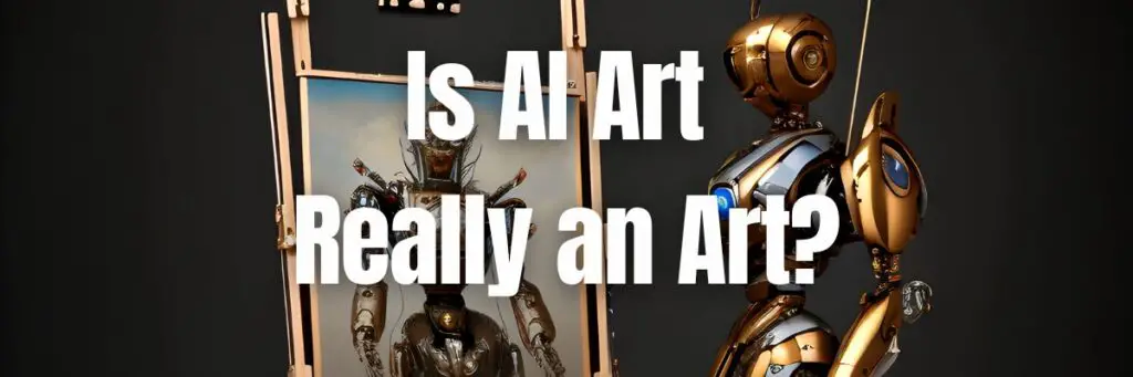 AI Artwork, A robot is paiting on an easel, and on the foreground is the Caption "Is AI Art Really an Art"