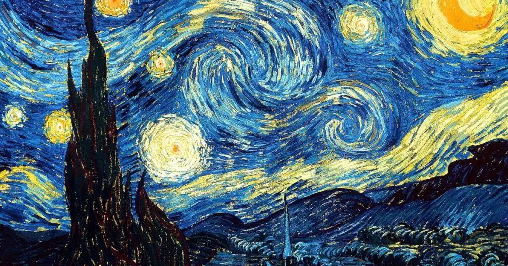 oil painting of night with swirly clouds and sky with stars, very famous painting.