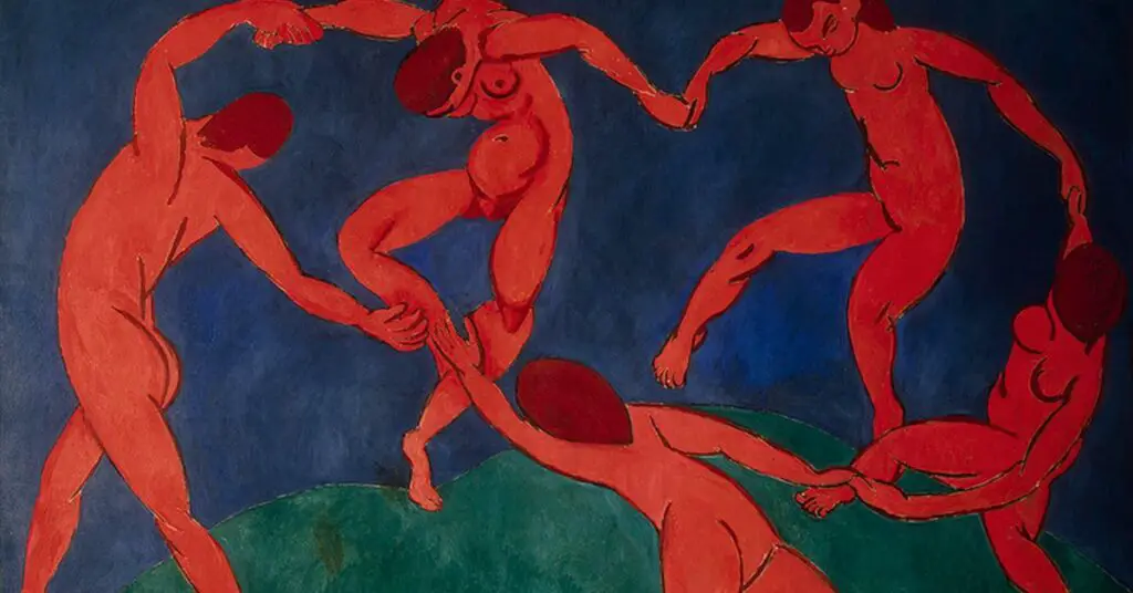 Painting of 5 red people dancing in circle and the background is blue color, painting is Dance by Henri Matisse