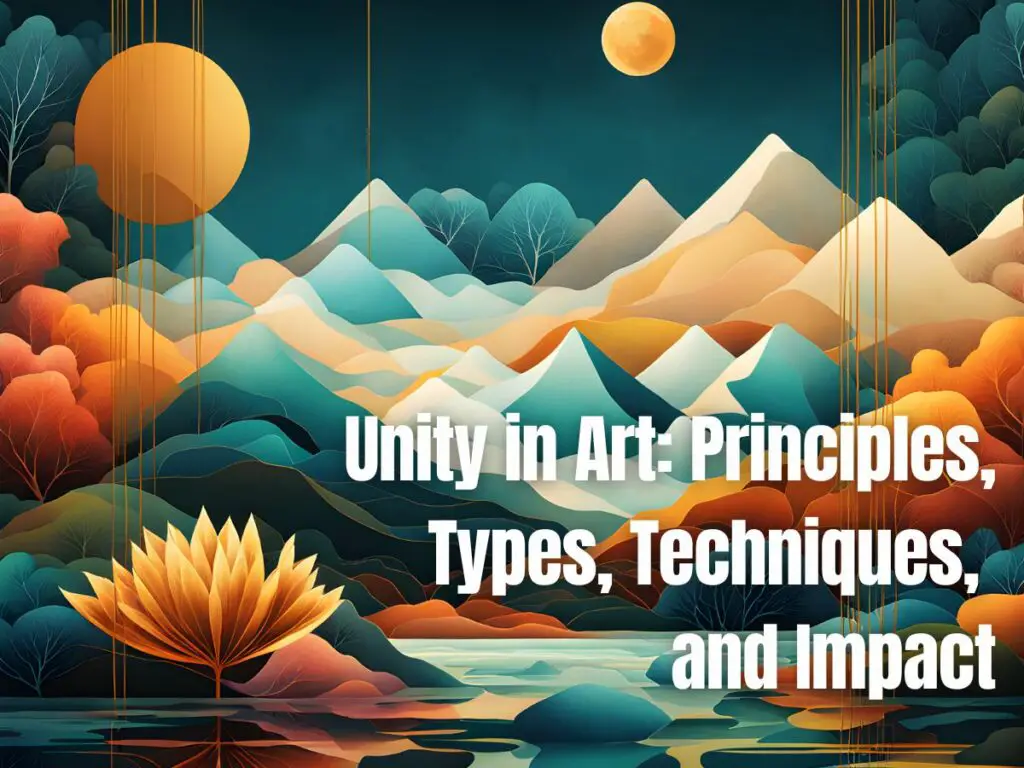 Digital artwork depicting the concept of unity in art, with layered mountains, trees, and celestial bodies, alongside text about art principles and their effects.
