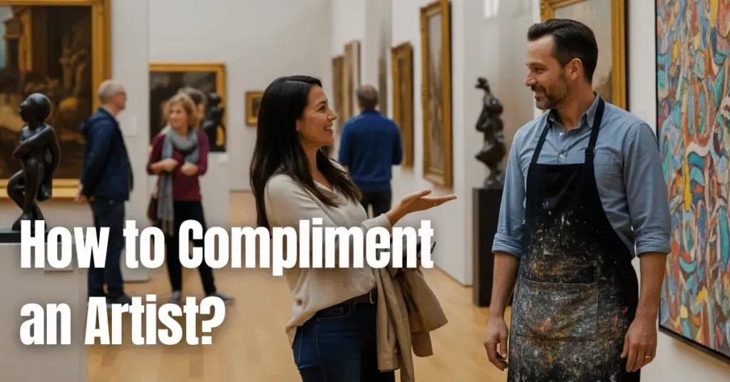 A smiling visitor complimenting a male artist in an art museum, with paintings and sculptures in the background.