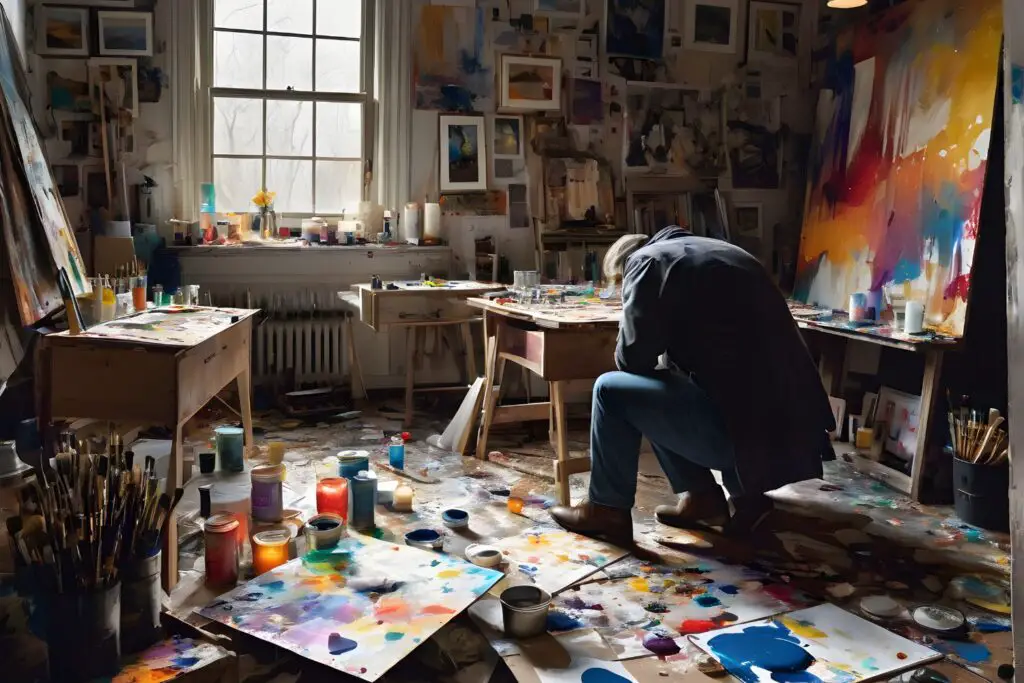 Middle-aged Hispanic male artist looking frustrated in a cluttered, dimly lit art studio, surrounded by unfinished artworks. Depicting how to get motivation to draw