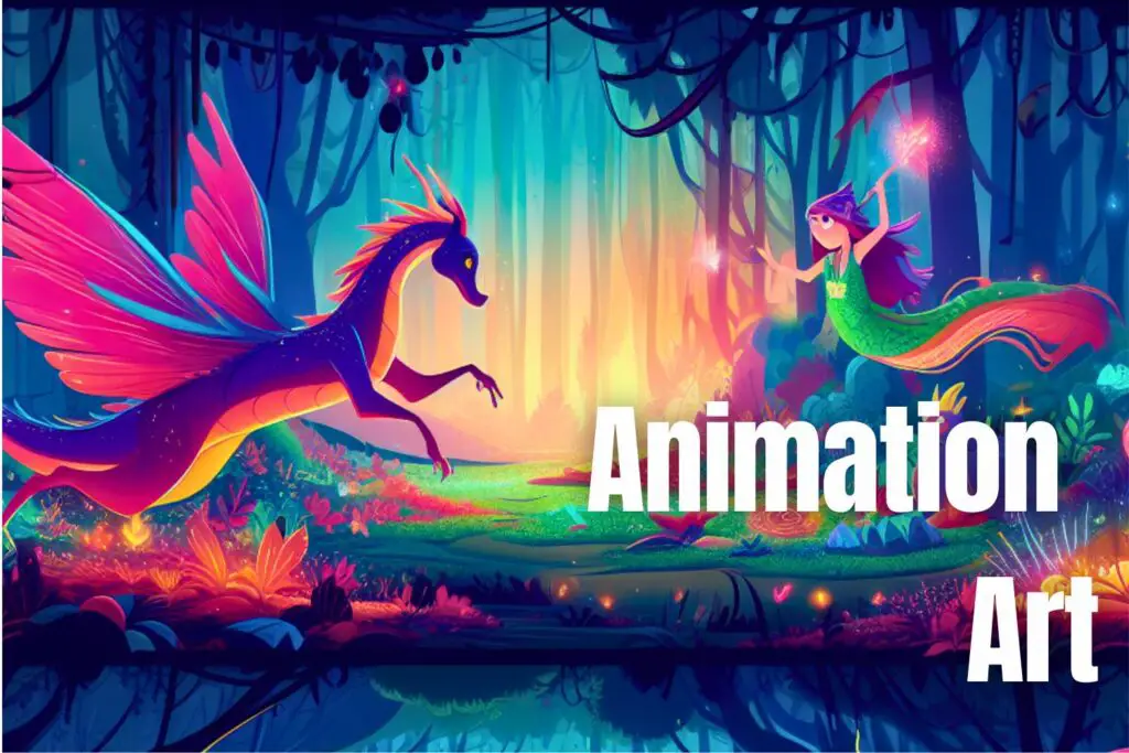 A vibrant animation art of a mythical creature and a fairy in an enchanted forest, illuminating the essence of animated artworks