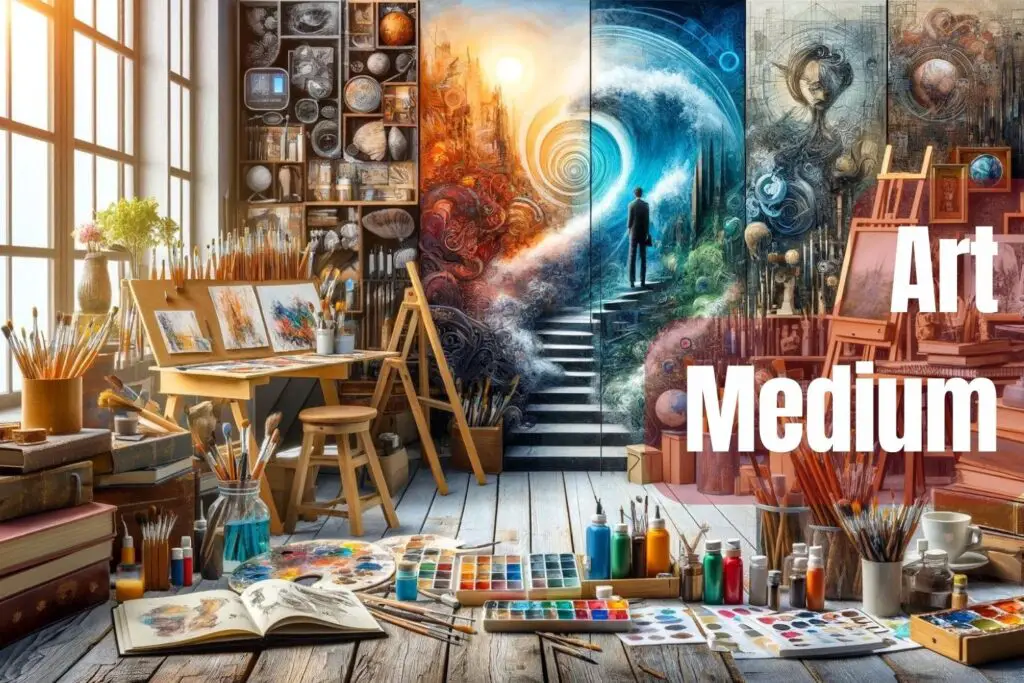 Artistic inspiration concept with text 'Find Your Voice: Choosing the Perfect Art Medium' overlaying a collage of diverse art supplies, symbolizing the exploration of different artistic mediums.